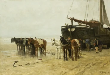 Fishing Boat with Tow Horses on Scheveningen Beach