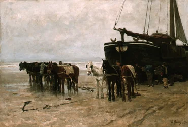Fishing Boat with Tow Horses on Scheveningen Beach