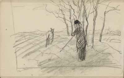 Standing Man with a Stick and an Animal on a Ploughed Field