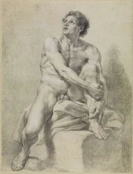 Seated Male Nude, Nearly Frontal, Left Leg Raised and Held with Both Hands