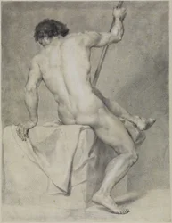 Seated Male Nude from Behind, Leaning Left, Holding a Staff with Right
