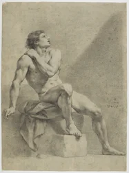 Seated male nude, angled to the right, looking up