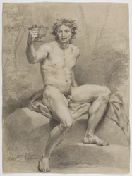 Seated Male Nude, Turned Slightly to the Right, with a Wreath of Vine Leaves and a Drinking Bowl in His Right Hand