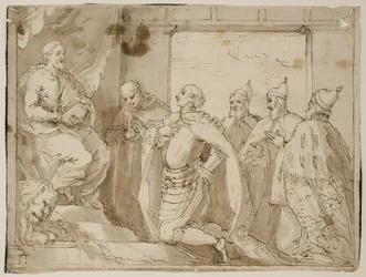 A Garbed Warrior, a Man in a Mantle and Three Doges Kneeling before the Enthroned St Mark