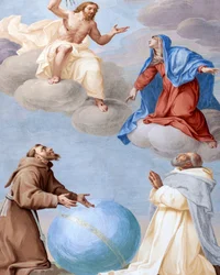 Saint Francis, Saint Damian and Mary interceding for humanity convincing Divine Justice not to fire his arrows on the world