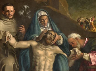 North Transept, Altar of the Deposition, Deposition of Christ supported by the Virgin and Saints Raymond and Anthony of Padua, Antonio Campi 1566, (detail)