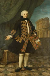 Portrait of William Perry, Aged 21, Standing, Full Length, in a Gold Embroidered Brown Coat, by a Balustrade, with the Colosseum Beyond