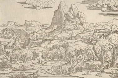 Landscape from Venus Pushing Cupid frame, 1540-45