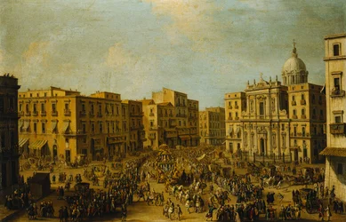 The Largo San Ferdinando, Naples, at Carnival Time with the Royal Carriage Approaching the Palazzo Reale