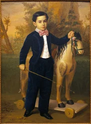 Portrait of a little boy with a wooden horse. Painting by Antonio Maria Esquivel, oil on canvas, 1851. Museum of Fine Arts in Seville, Spain