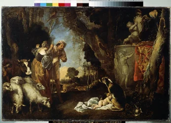 The Infancy of King Cyrus. Cyrus II or Cyrus the Great (circa 559 BC - 529 BC), founder of the Persian Empire. The baby is taken in and nursed by a dog.