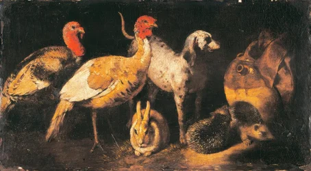 Turkeys, Dog, Hare, and Hedgehog