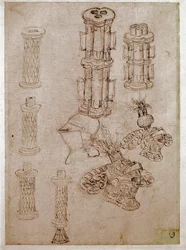 Three helmets topped with crests and two pieces of guns demolved (Drawing)