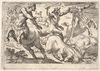 Hercules and the Centaurs: Hercules Holds the Head of a Centaur with His Left Hand and Raises His Club, 1608