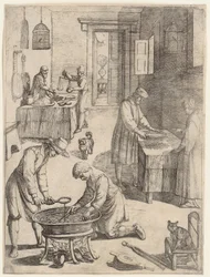 Men and Women Weighing, Sieving and Cooking Broth