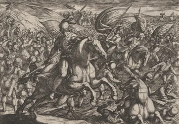 Plate 30: Cerialis Driving the Dutch into the Rhine, from The War of the Romans Against the..., 1611