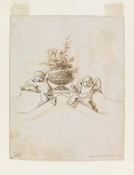 Two Putti beside a Vase with Flowers