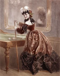 A courtesan at the time of the 2nd Empire playing billiards