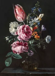 A Bouquet of Narcissus, Parrot Tulip, Roses and Other Flowers in a Glass Vase on a Stone Plinth