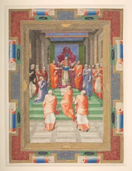 A papal ceremony, Paul IV stands in front of the papal throne, Add. MS 35254 Q, c.1555-59
