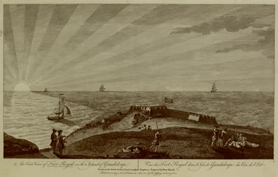 A group of soldiers rest on top of a hill in the foreground, with Fort Royal beyond, sailing ships and the sun setting in the sea in the background
