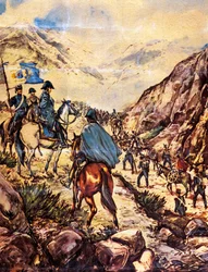 General José de San Martín, also known as the Liberator of the South, crossing the Andes with his army towards Peru