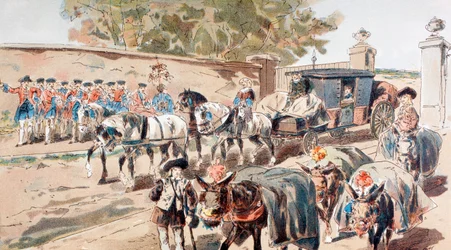 A Post-Chaise Entering a Walled Compound and Passing Between a Band and a Donkey Train