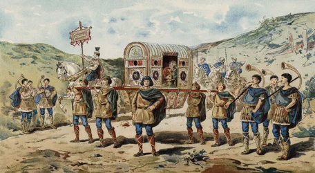 Litter with Escort, Accompanied by Buccina Players, Time of Charlemagne