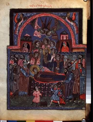 The Dormition of the Virgin. Illumination by the Master of the Codex Matenadaran (13th century), miniature, watercolor on parchment.