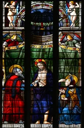 The risen Christ takes the hand of Saint Thomas to make him see his wounds and touches with the other hand the forehead of Saint Mary Magdalene - Stained glass from the chapel Notre Dame d