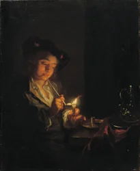 A Candlelit Interior with a Young Man Seated at a Table, Lighting His Pipe