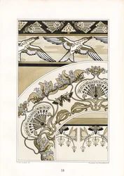 Decorative Art Nouveau Ornaments with Birds and Fan Motifs