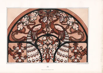 Semi-circular Ornament Design with Peacock Pair and Butterfly
