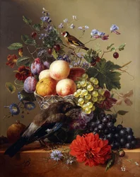 Peaches, Grapes, Plums and Flowers in a Glass Vase with a Jay on a Ledge