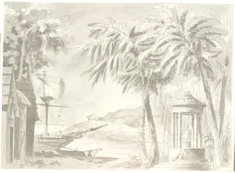Tropical Coastal Landscape with Palms, Ship, and Small Temple (Buddha?)