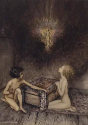 Pandora and Epimetheus, scene from A Wonder Book, by Nathaniel Hawthorne