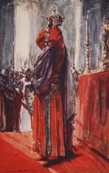 He reached the altar where the crown lay: lifting it he placed it upon his head, illustration from 