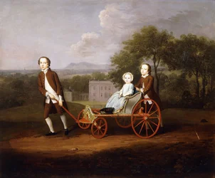 A Group Portrait of Three of the Children of Peter and Mary Du Cane, All Small Full-Length, Playing with an Elaborate Dog-Cart, in the Grounds of a Country House, 1747