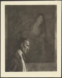 Man with Small, Neat Mustache in Profile Posed in Front of a Painting of a Woman Dressed in Spanish Costume