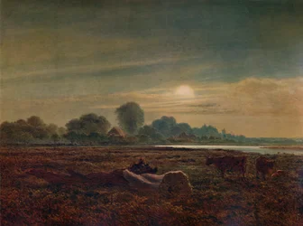 River Scene by Moonlight, with Cattle