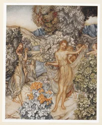 ACT IV: Scene I, line 132 Come, temperate nymphs, and help to celebrate A contract of true love. Prospero instructs Ariel to leave garish clothing on a tree to tempt the men