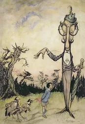 A Giant with a Child and Two Crows, illustration from The Book of Betty Barber by Maggie Brown, pub.1910