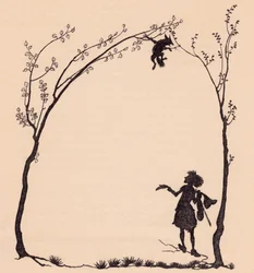 A Fox Tied by His Paws to Two Hazel Trees. Illustration by Arthur Rackham from Grimm