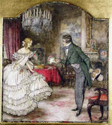 A young man presenting a bouquet to a girl standing in a drawing room