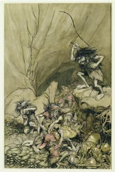 Alberich drives in a band of Nibelungs laden with gold and silver treasure, an illustration from The Rheingold and the Valkyrie by Richard Wagner, pub. 1910