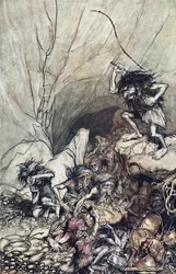 Alberich Drives in a Band of Niblungs Laden with Gold and Silver Treasure. Illustration for The Rhinegold