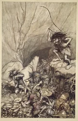 Albrech drives in a band of Nibelungs with gold and silver treasures, from 