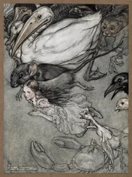 Alice and various animals swimming, including a rat, a duck, a dodo, a crow, a weasel, a crab and a chick