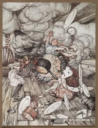 Alice in a kitchen with the Duchess, a cook and the Cheshire Cat