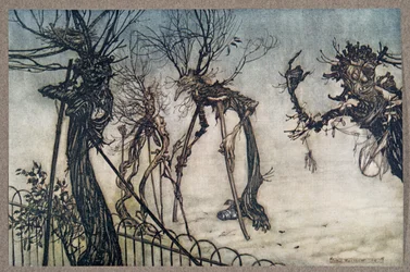 An Elderberry hobbled across the walk, and stood chatting with some young children ..., from Peter Pan in Kensington Gardens by J. M. Barrie (1860-1937), published 1906